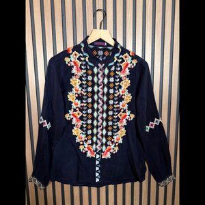 Johnny Was Blouse XS Midnight Blue Long Sleeve Floral Embroidered Button Shirt